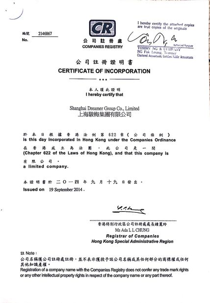 Chine Shanghai Dreamer Group Co., LTD certifications